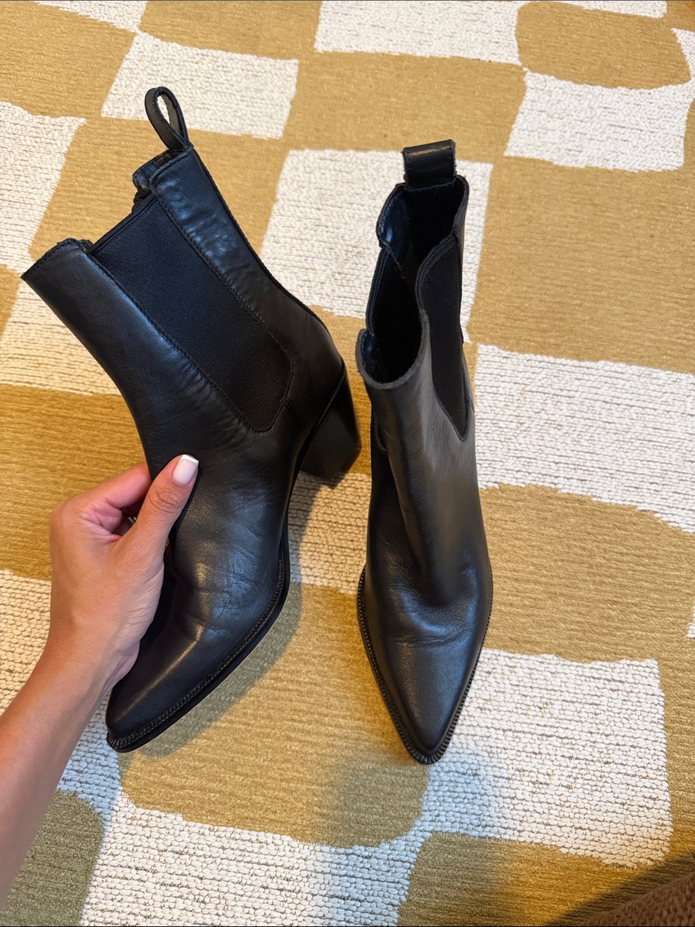 Dolce Vita Black Pointed Leather Chelsea Boots with Block Heel